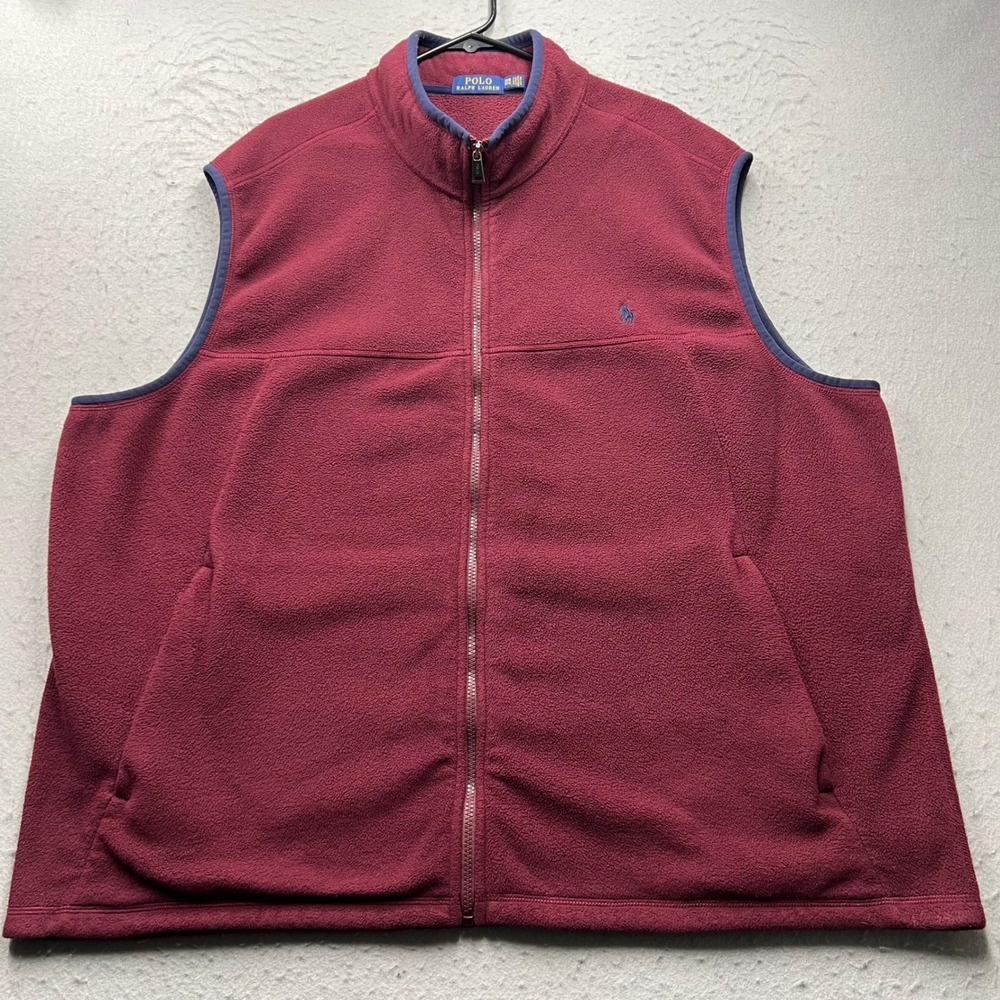 Polo Ralph Lauren Mens Fleece Vest Burgundy Navy Pony Logo Full Zip 3XB Big Tall